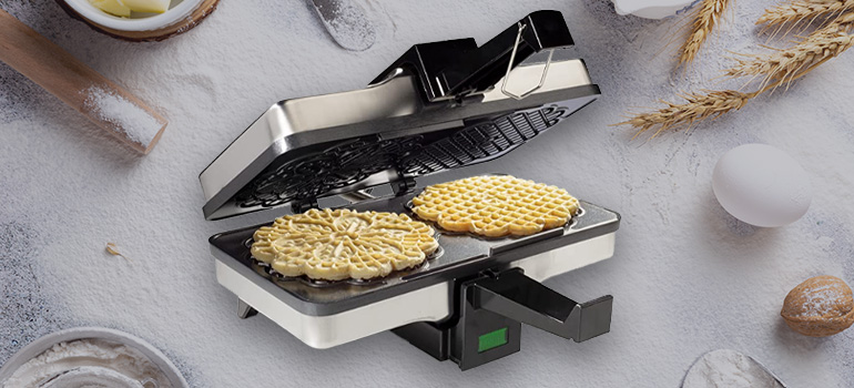 Pizzelle Baker on a graphic background of baking ingredients